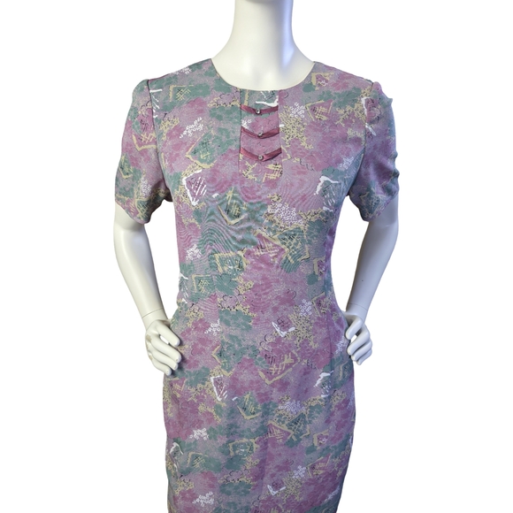 Vintage 90s Abstract Pastel Print Sheath Dress with Button Detail, Size Medium - Picture 3 of 8